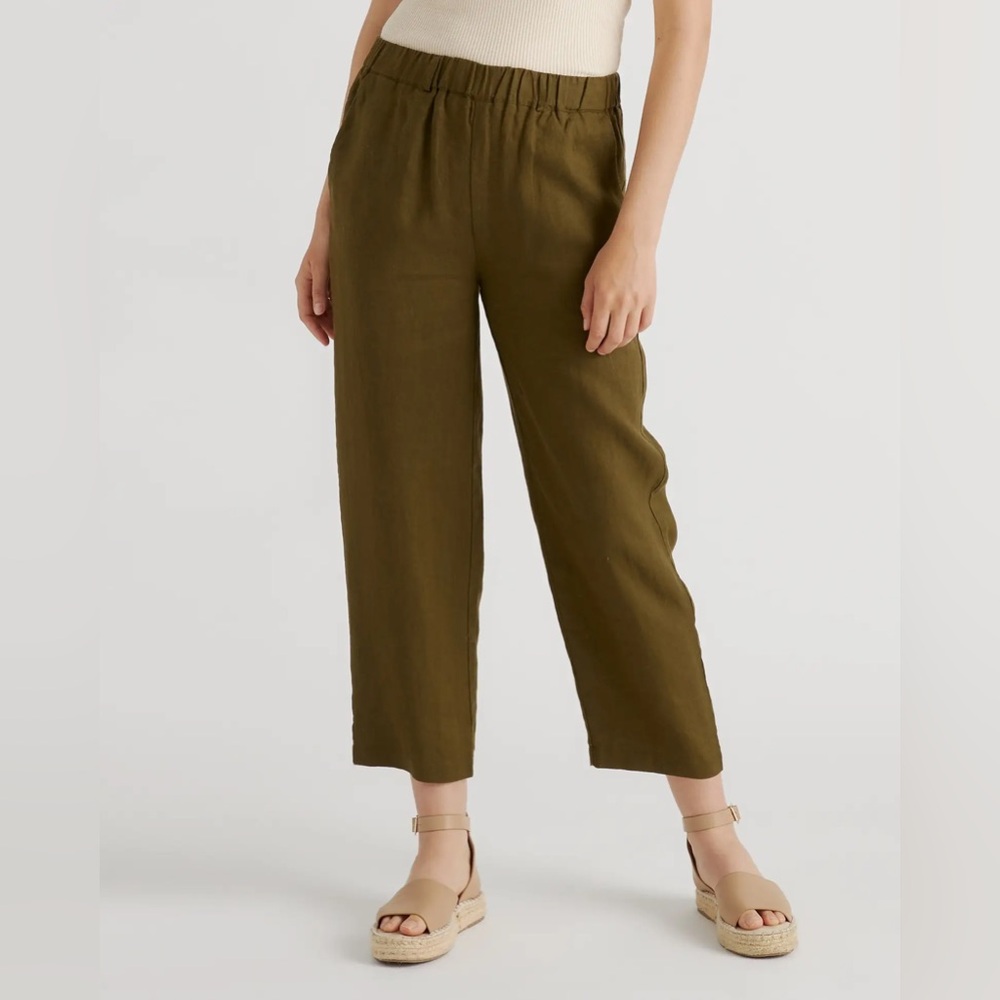 Quince Olive Green Elastic Waist Wide-Leg Linen Pants